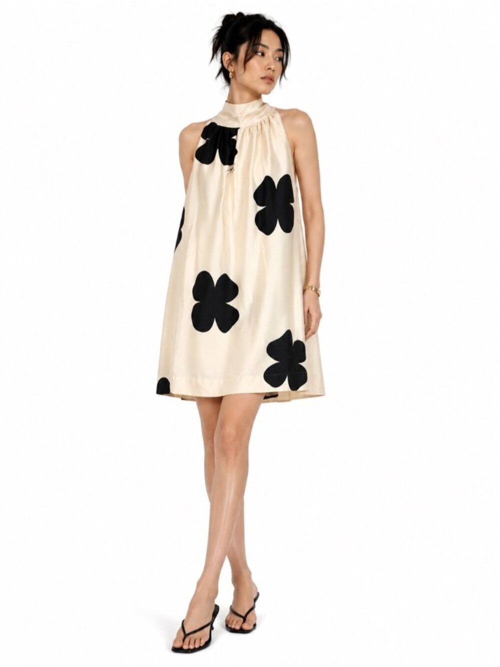 Pink Tartan Silk Cream Halter Mini Dress with Black Floral Motifs size 12